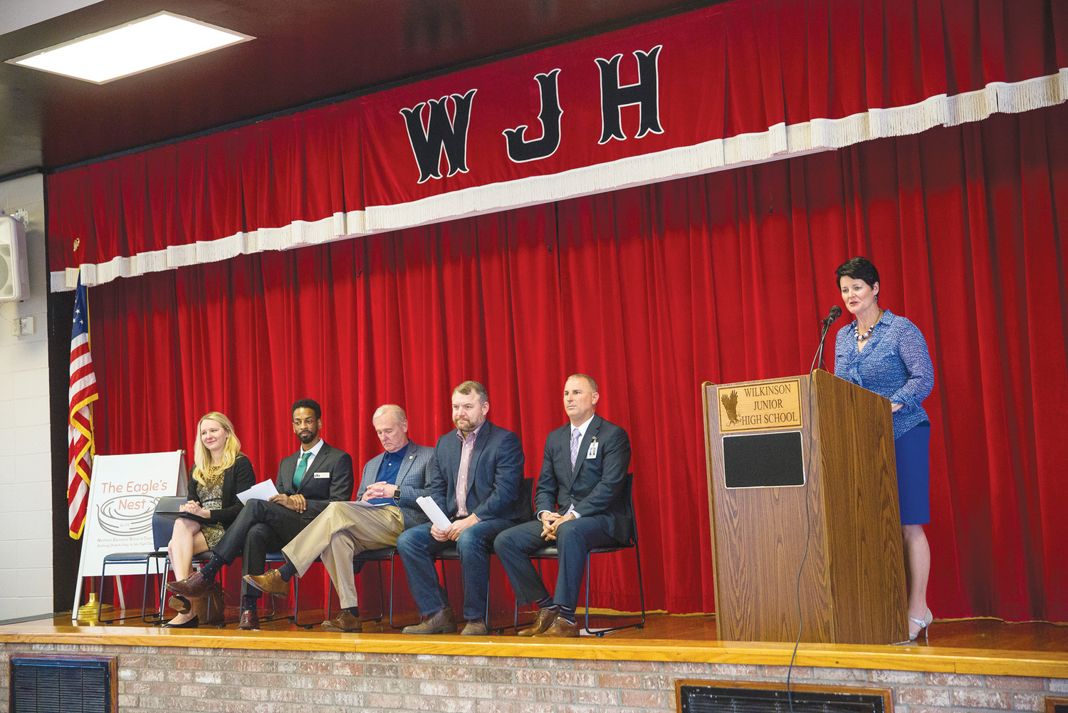 Wilkinson Junior High School Principal Christina Cornwell introduces speakers last week at the school during an announcement that Wilkinson will be the first state-funded Community Partnership School in Clay County.